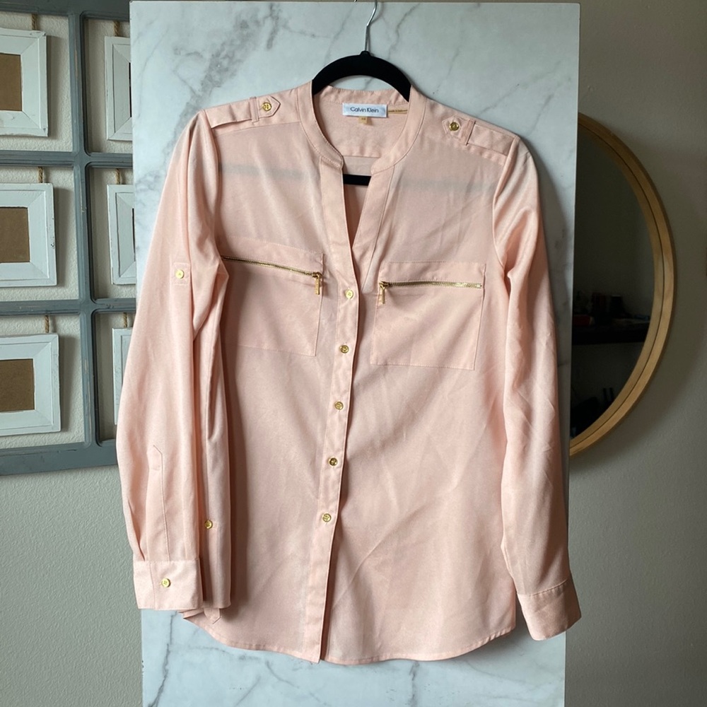 Calvin Klein Rose Gold Pink Long Sleeve Collar Blouse